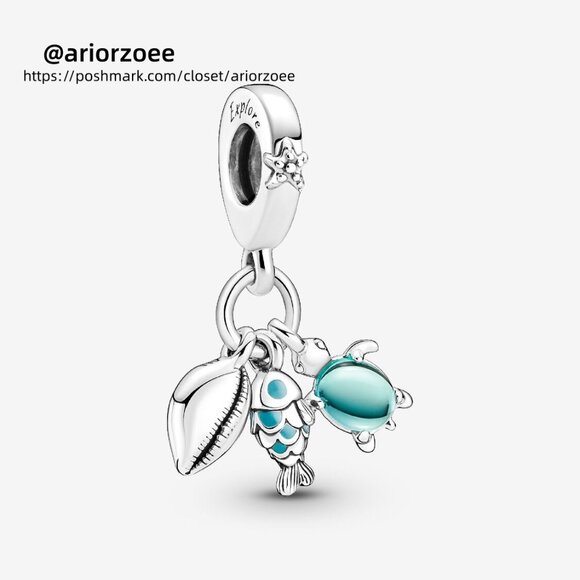 Pandora Fish, Sea Turtle & Conch Triple Dangle Charm - Picture 1 of 6